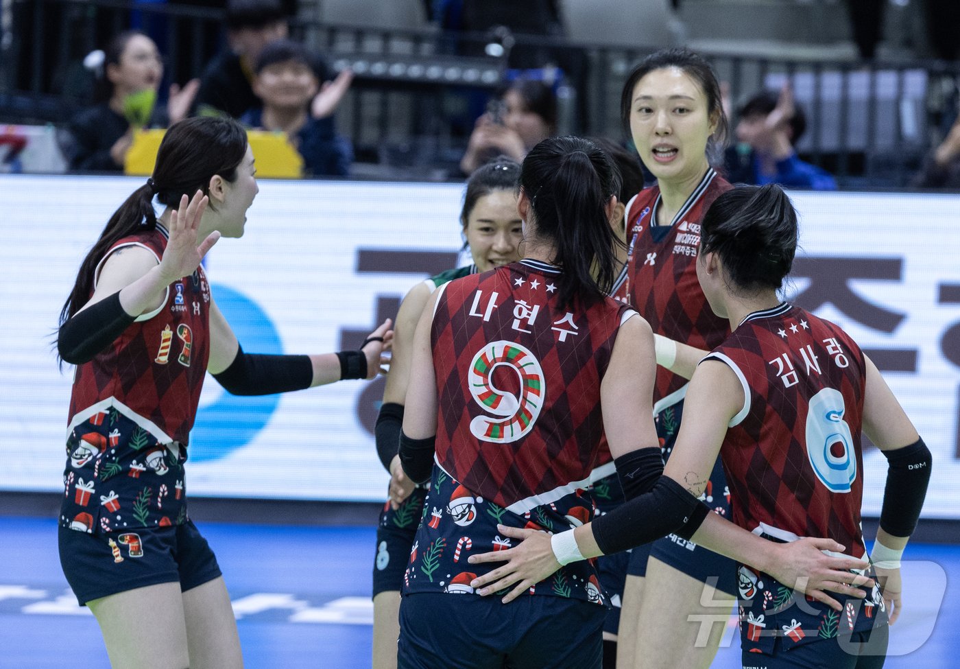 본문 이미지 - 3일 오후 경기 수원시 장안구 수원실내체육관에서 열린 프로배구 &#39;도드람 2024-2025 V-리그&#39; 여자부 현대건설과 GS칼텍스의 경기를 세트 스코어 3대0으로 승리한 현대건설 선수들이 기뻐하고 있다. 2024.12.3/뉴스1 ⓒ News1 이재명 기자