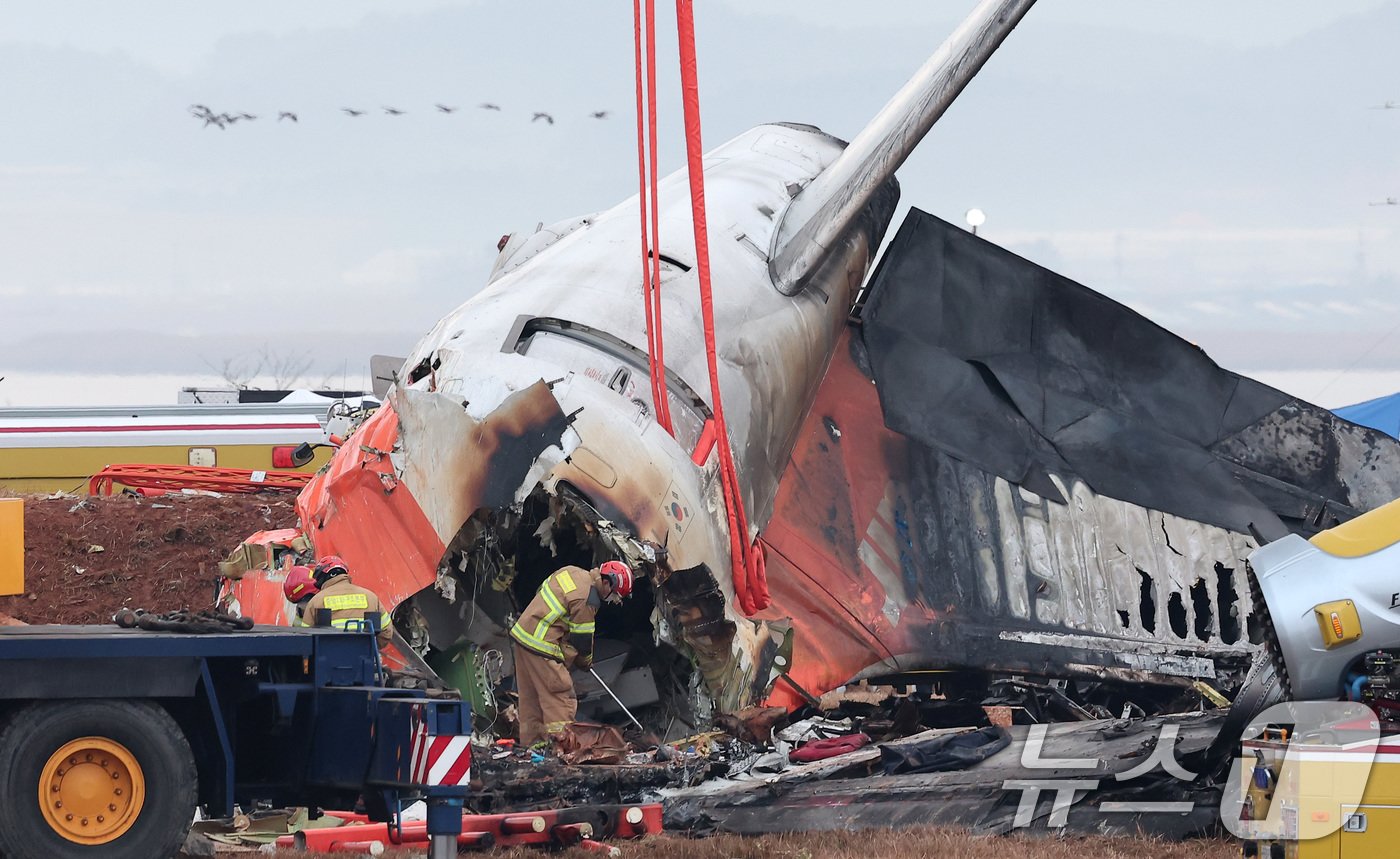 본문 이미지 - 30일 오전 전남 무안국제공항에서 소방대원들이 전날 발생한 제주항공 여객기 충돌 폭발 사고 잔해를 수색하고 있다. 2024.12.30/뉴스1 ⓒ News1 김성진 기자