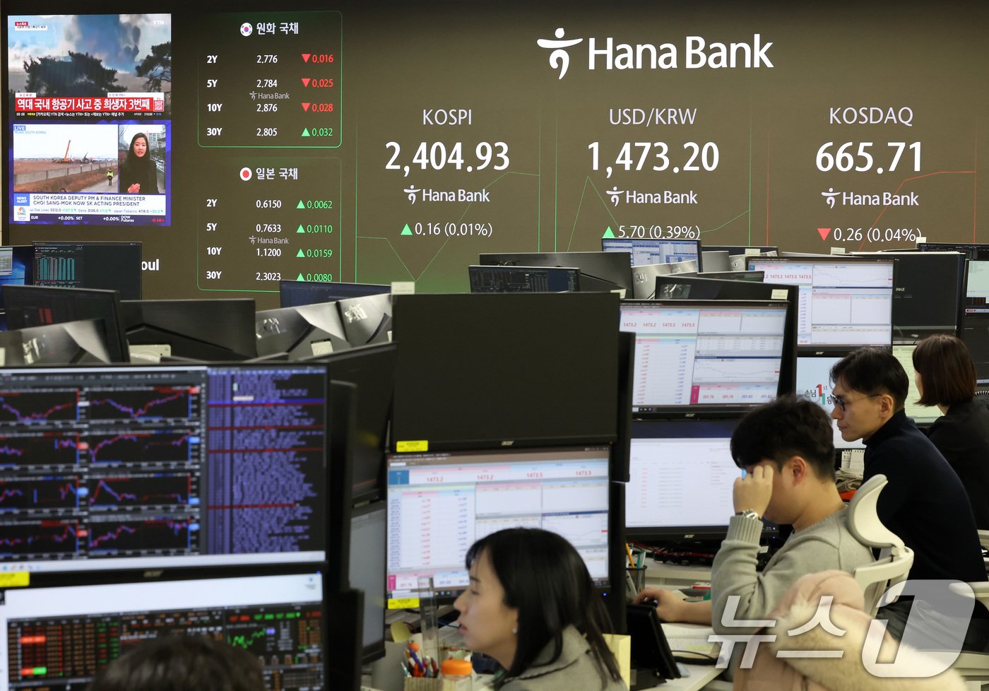 본문 이미지 - 올해 마지막 거래일인 30일 오전 서울 중구 하나은행 본점 딜링룸. 2024.12.30/뉴스1 ⓒ News1 이동해 기자