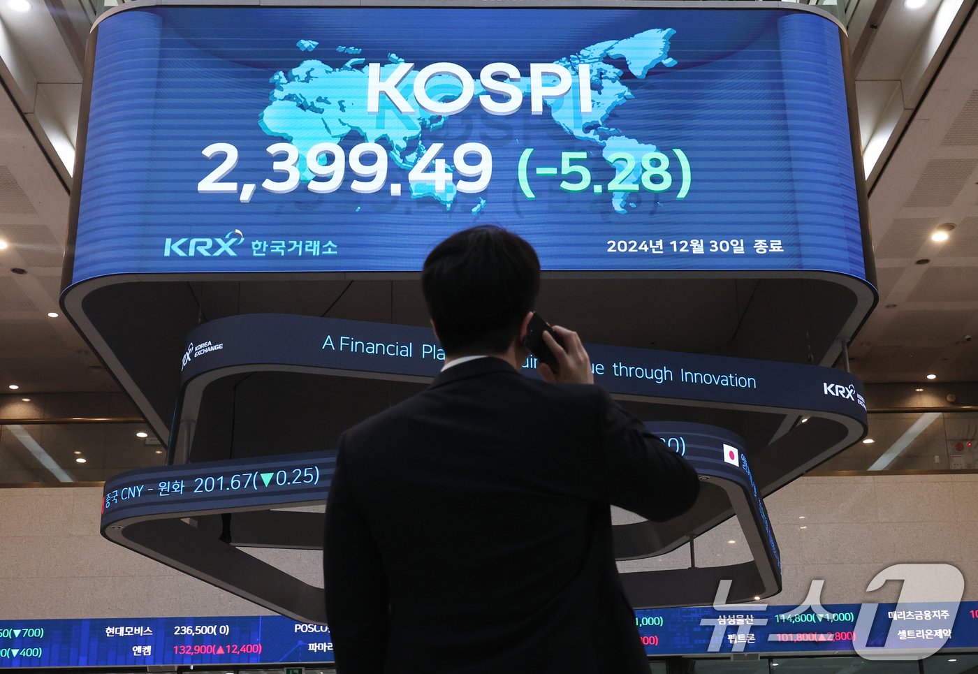 본문 이미지 - 2024년 증시 폐장일인 30일 오후 서울 영등포구 여의도 한국거래소 전광판에 증시 종가가 표시되고 있다. 2024.12.30/뉴스1 ⓒ News1 송원영 기자