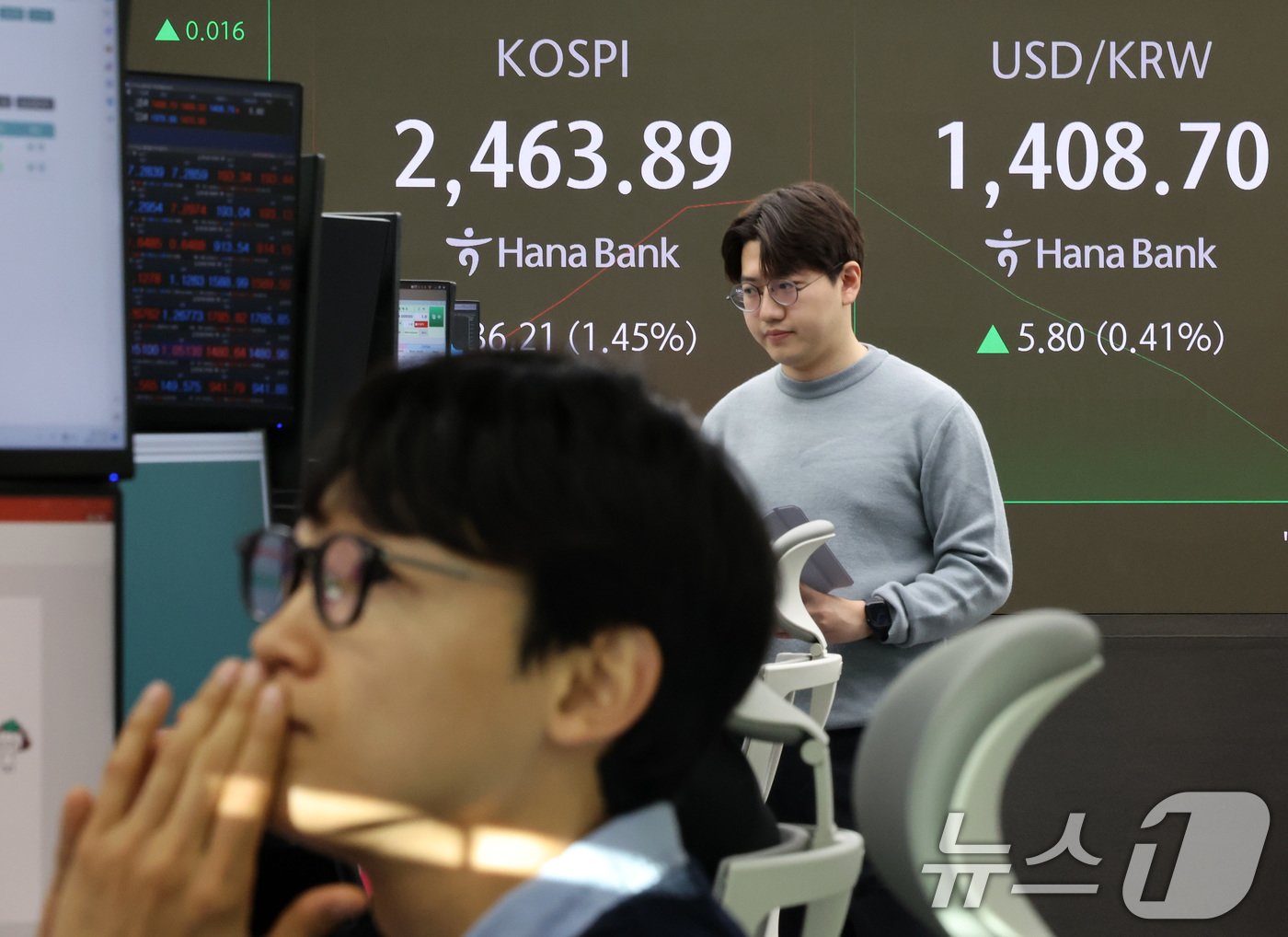 본문 이미지 - 윤석열 대통령이 간밤 비상계엄을 선포했다 국회에 막혀 계엄을 해제한 4일 오전 서울 중구 하나은행 본점 딜링룸 전광판에 코스피와 원·달러 환율 개장 시황이 표시되고 있다. 이날 9시5분 기준 코스피는 전거래일 대비 36.48포인트&#40;p&#41;&#40;1.46%&#41; 하락한 2463.62, 코스닥은 전날 대비 8.49p&#40;1.23%&#41; 하락한 682.31를 가리키고 있다. 원·달러 환율은 전거래일 대비 18.1원 오른 1419.0원에 출발했다. 2024.12.4/뉴스1 ⓒ News1 이동해 기자
