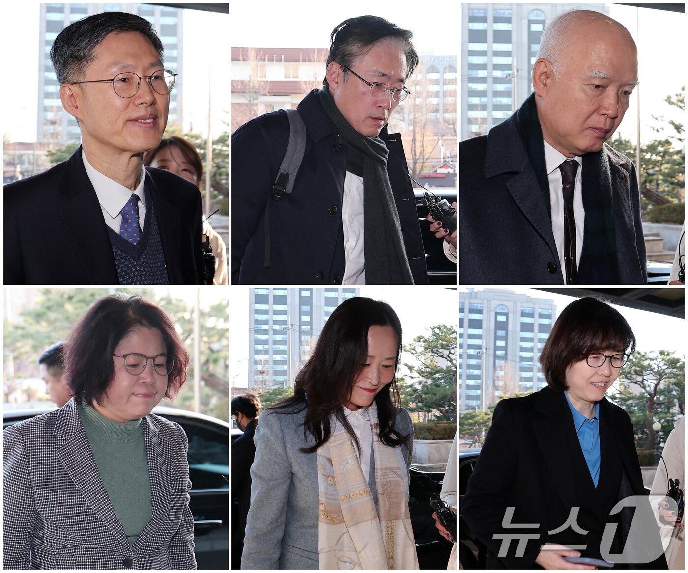 본문 이미지 - 문형배 헌법재판소장 권한대행(왼쪽 위부터 시계방향으로), 김형두 헌법재판관, 정형식 헌법재판관, 이미선 헌법재판관, 정정미 헌법재판관, 김복형 헌법재판관이 5일 서울 종로구 헌법재판소로 출근하고 있다. 2024.12.5/뉴스1 ⓒ News1 김성진 기자