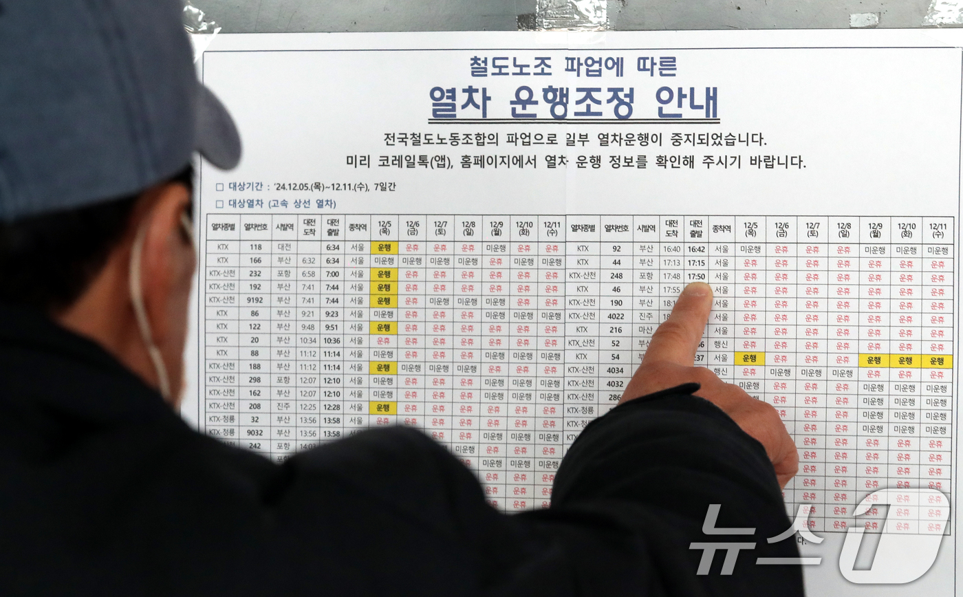 (대전=뉴스1) 김기태 기자 = 전국철도노조가 파업에 돌입한 5일 오전 대전역에서 시민이 열차 운행 조정 시간표를 확인하고 있다.철도노조는 임금인상과 인력 충원 등을 촉구하며 파업 …