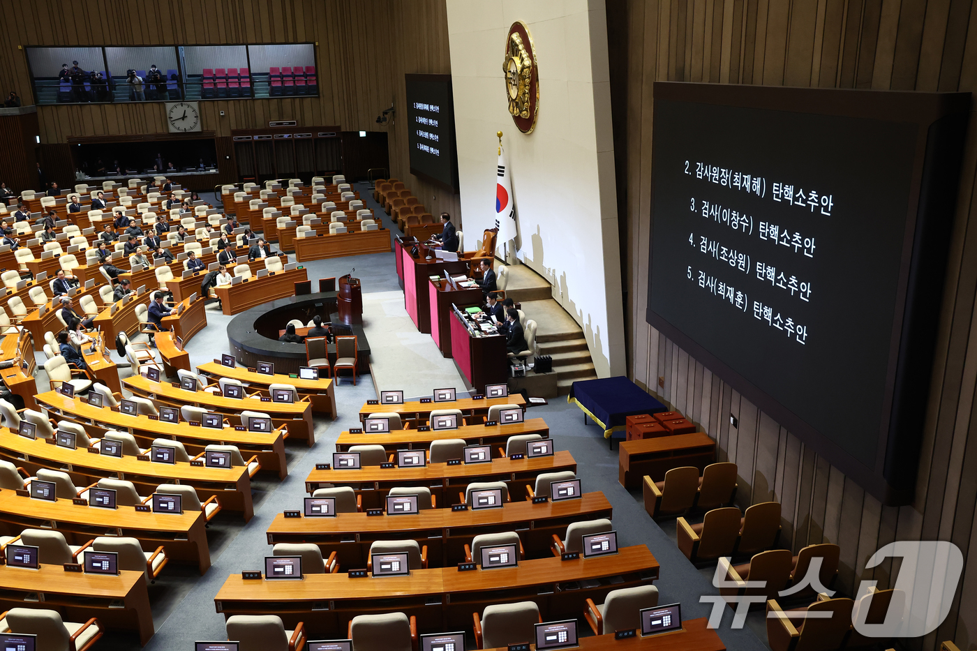 (서울=뉴스1) 김민지 기자 = 5일 오전 서울 여의도 국회에서 열린 본회의에서 국민의힘 의원들이 불참한 가운데 최재해 감사원장과 이창수·조상원·최재훈 검사 탄핵소추안이 통과되고 …