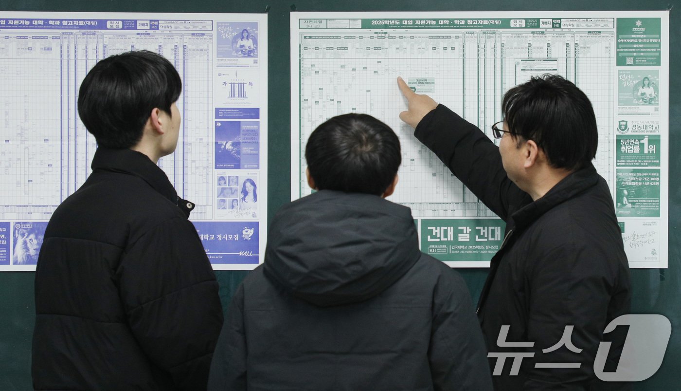 본문 이미지 - 2025학년도 대학수학능력시험&#40;수능&#41; 성적표가 배부된 6일 서울 종로구 동성고등학교에서 고3 담임 선생님이 수험생들과 지원 가능 대학 배치표를 살펴보고 있다. 2024.12.6/뉴스1 ⓒ News1 사진공동취재단