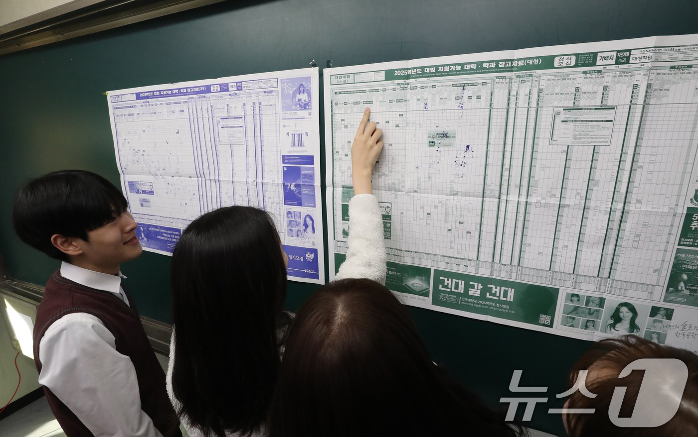 2025학년도 대학수학능력시험&#40;수능&#41; 성적표가 배부된 6일 오전 경기 수원시 영통구 효원고등학교에서 성적표를 받은 학생들이 지원 가능 대학 배치표를 확인하고 있다. 2024.12.6/뉴스1 ⓒ News1 김영운 기자