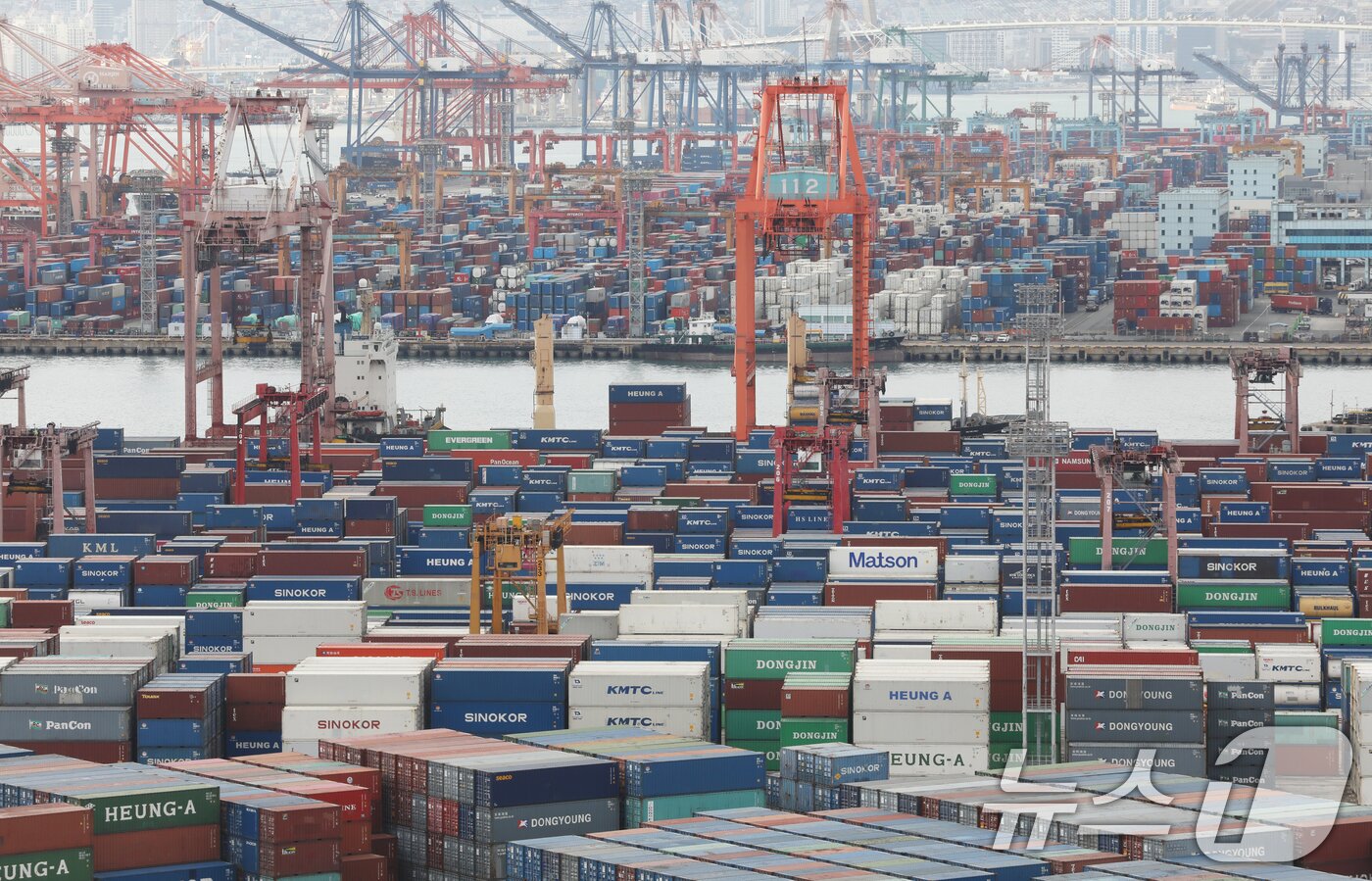 본문 이미지 - 부산항 신선대부두와 감만부두 야적장에 컨테이너가 가득 쌓여 있다. /뉴스1 ⓒ News1 윤일지 기자