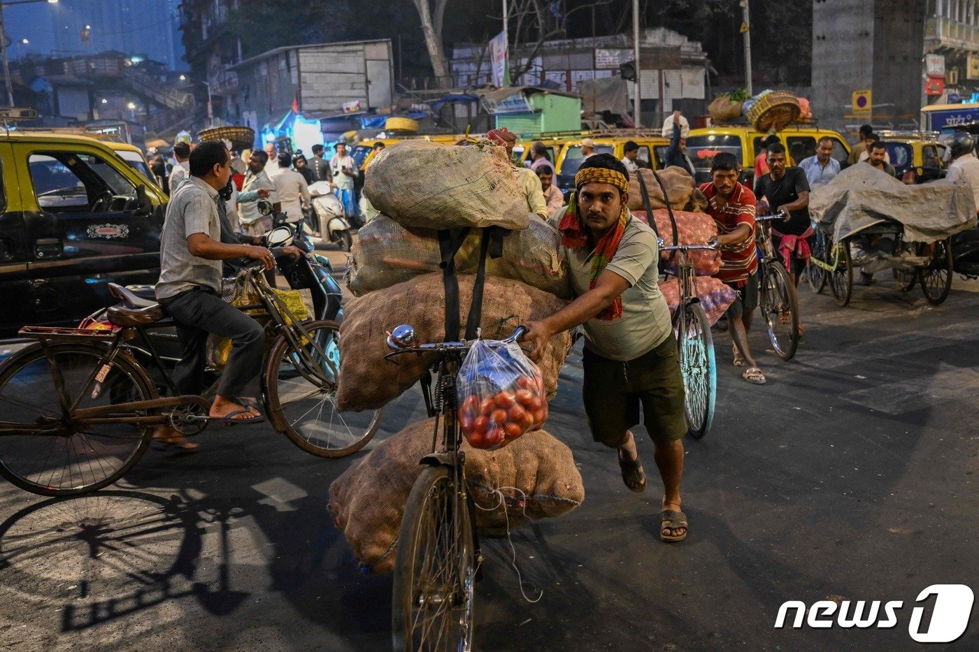 1일 인도 뭄바이에 있는 도매시장에서 일용직 노동자들이 자전거로 채소 포대를 옮기고 있다. 2023.02.01 ⓒ AFP=뉴스1 ⓒ News1 최종일 기자