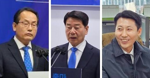  민주당 세종을 선거구에 출마한 강준현·서금택 예비후보와 민주당을 탈당, 개혁신당에 입당한 이태환 전 세종시의장. / 뉴스1 