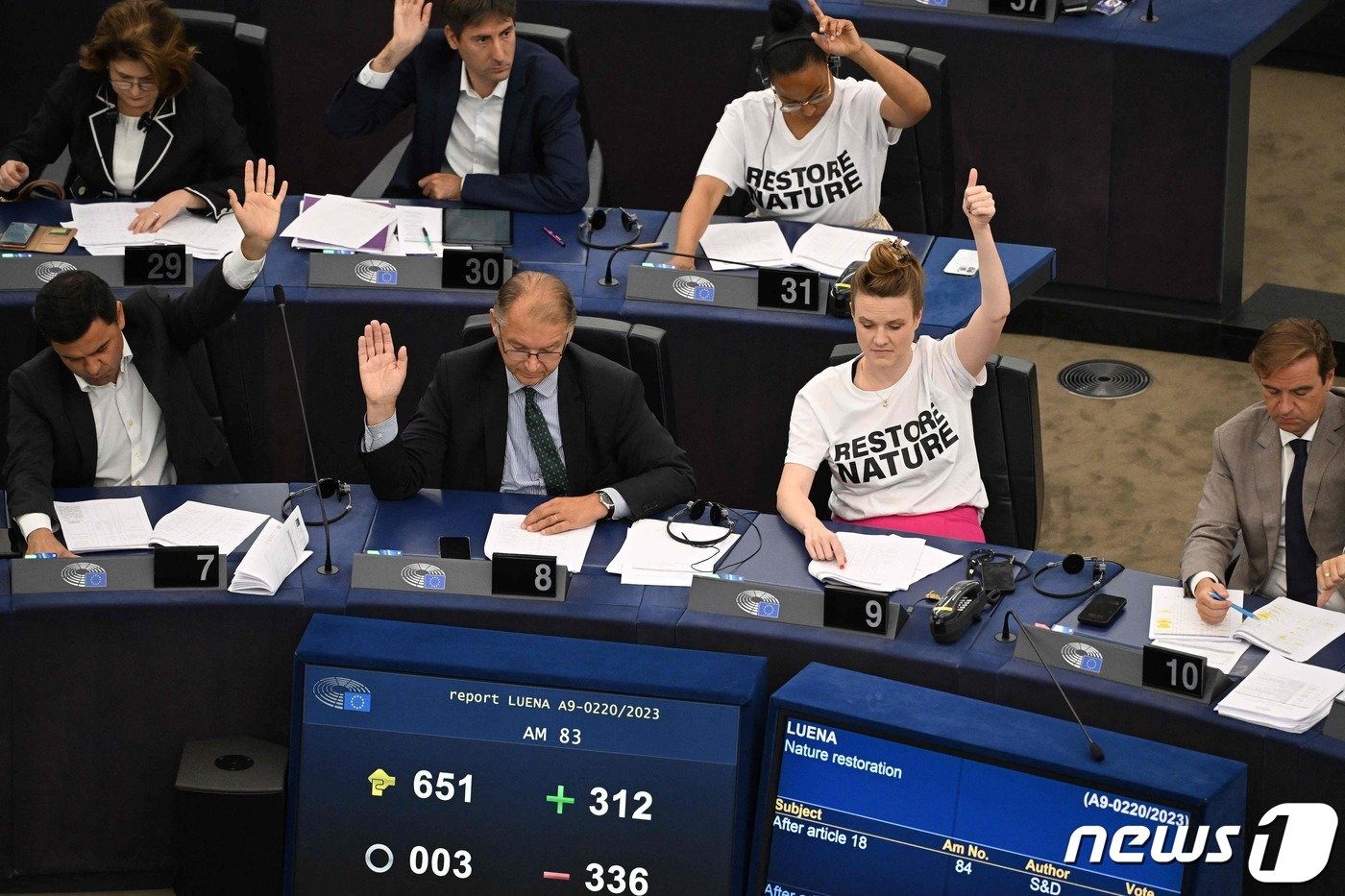본문 이미지 - 프랑스 동부 스트라스부르에서 열린 유럽의회 본회의에서 일부 '자연복원'이라고 적힌 티셔츠를 입은 의원들이 자연복원법 표결에 참여하고 있다. 2023.07.12 ⓒ AFP=뉴스1 ⓒ News1 정지윤 기자