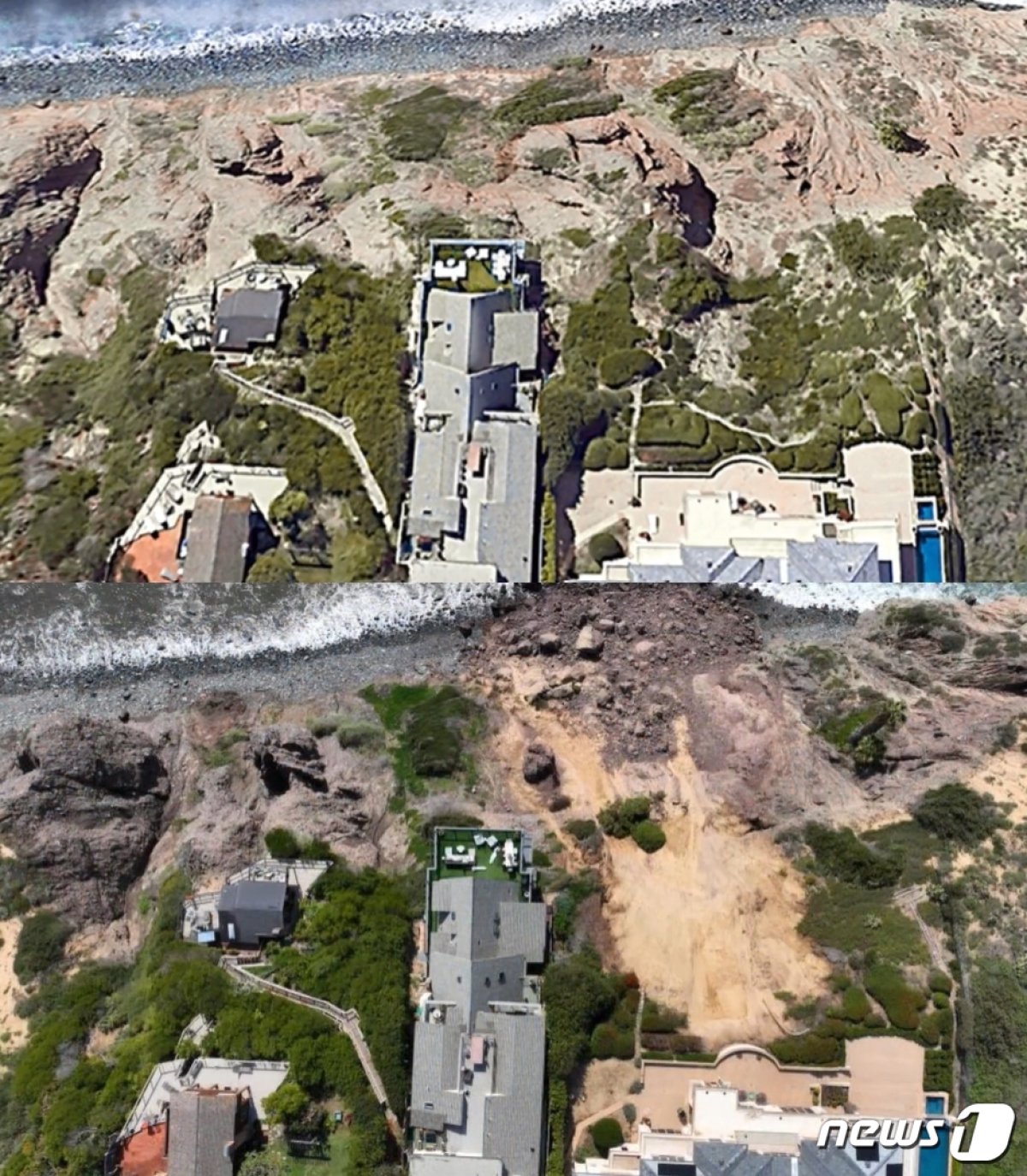  지난주 이어진 폭우로 캘리포니아주 남부 오렌지 카운티 다나 포인트(Dana Point)에서 붕괴가 발생했다. 구글어스로 본 붕괴 전(위)과 붕괴 후(아래) 모습.