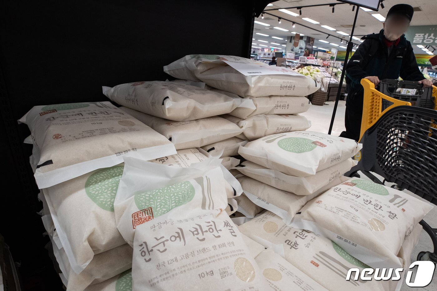 본문 이미지 - 2일 서울시내 한 대형마트를 찾은 고객이 쌀을 살펴보고 있다. 당정은 이날 &#39;쌀값 안정 대책&#39; 당정협의회를 열고 꾸준히 하락세가 이어지고 있는 쌀값의 안정을 위한 수급관리 대책 및 전략작물직불제 확대 개편 등을 논의한다. 2024.2.2/뉴스1 ⓒ News1 유승관 기자