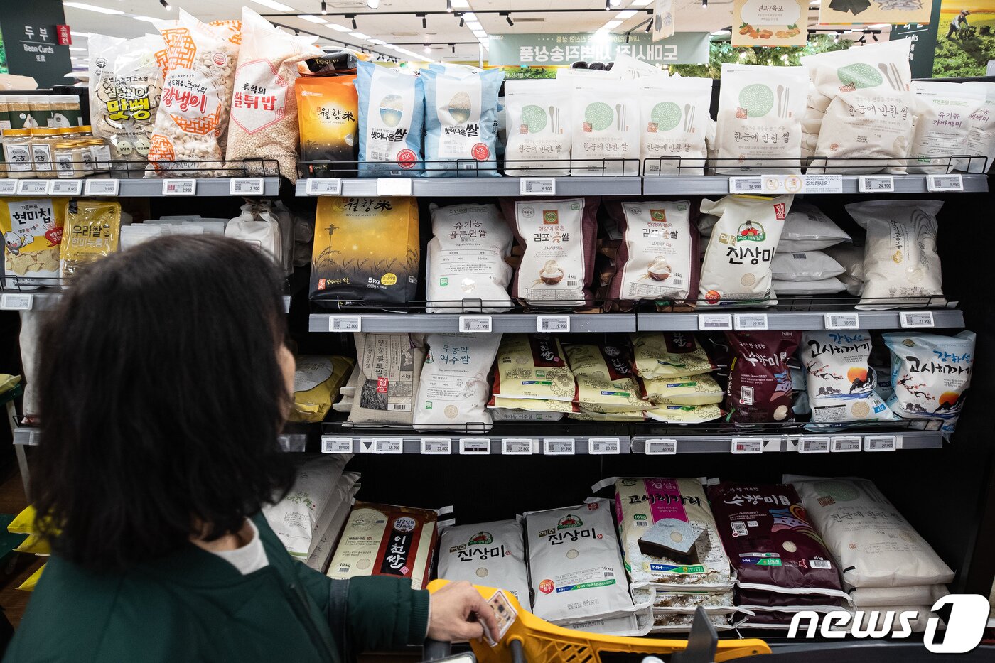 본문 이미지 - 2일 서울시내 한 대형마트를 찾은 고객이 쌀을 살펴보고 있다. 당정은 이날 &#39;쌀값 안정 대책&#39; 당정협의회를 열고 꾸준히 하락세가 이어지고 있는 쌀값의 안정을 위한 수급관리 대책 및 전략작물직불제 확대 개편 등을 논의한다. 2024.2.2/뉴스1 ⓒ News1 유승관 기자