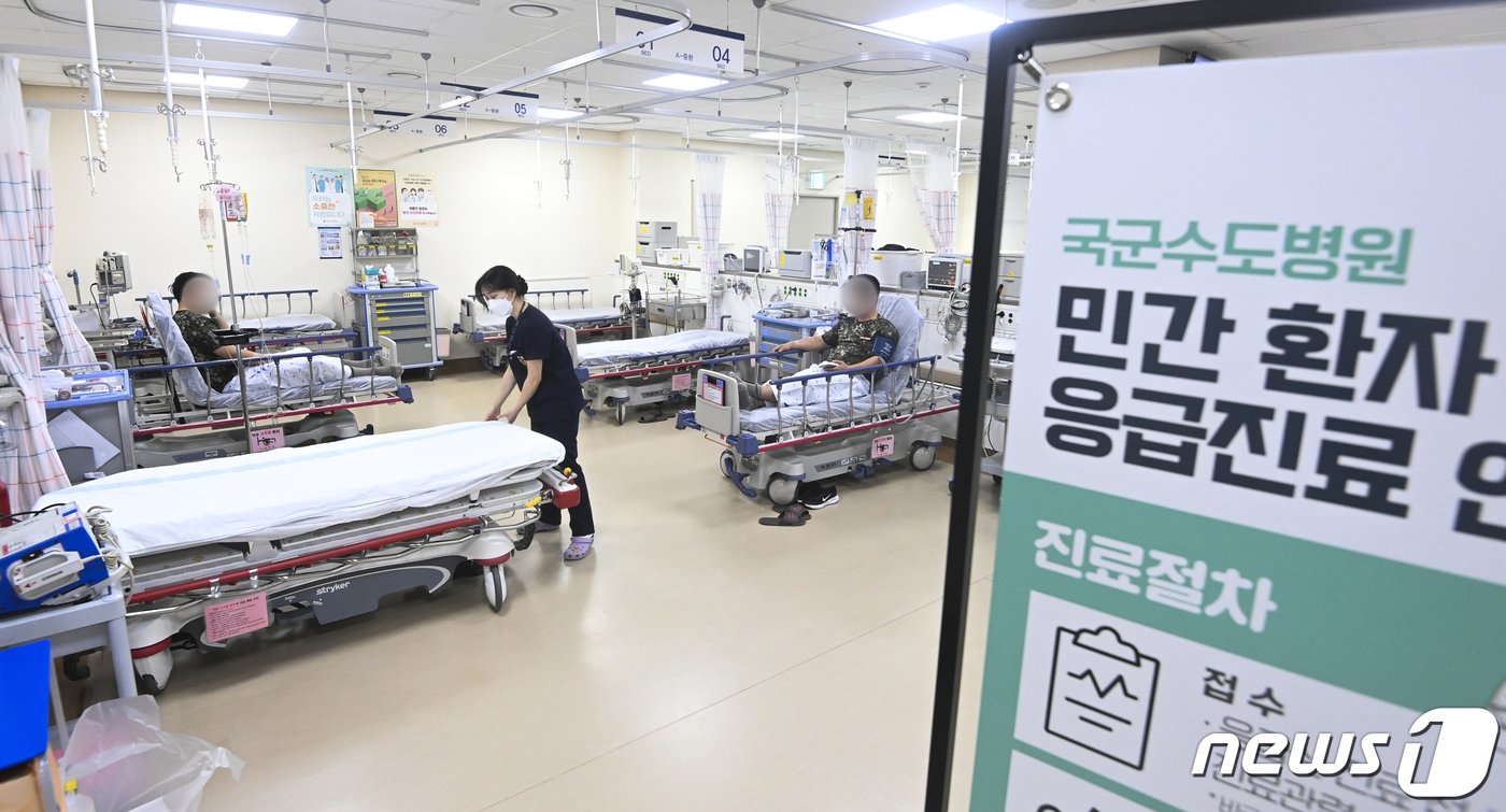 본문 이미지 - 20일 오전 경기도 성남시 국군수도병원 응급실에서 의료진들이 진료를 보고 있다. 군 당국은 정부의 의대 정원 확대 방침에 반발한 의료계의 집단행동으로 발생하는 의료공백 사태에 대응하기 위해 군 의료체계를 민간에 개방했다. 2024.2.20/뉴스1 ⓒ News1 사진공동취재단