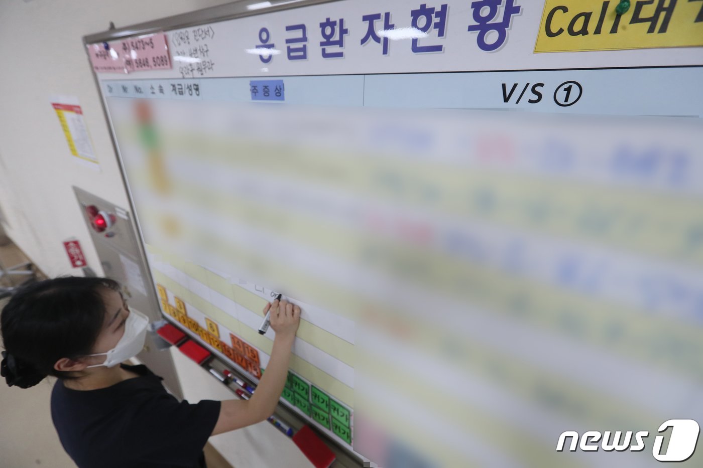 본문 이미지 - 20일 오전 경기도 성남시 국군수도병원 응급실에서 의료진이 환자 인적사항을 적고 있다. 군 당국은 정부의 의대 정원 확대 방침에 반발한 의료계의 집단행동으로 발생하는 의료공백 사태에 대응하기 위해 군 의료체계를 민간에 개방했다. 2024.2.20/뉴스1 ⓒ News1 사진공동취재단