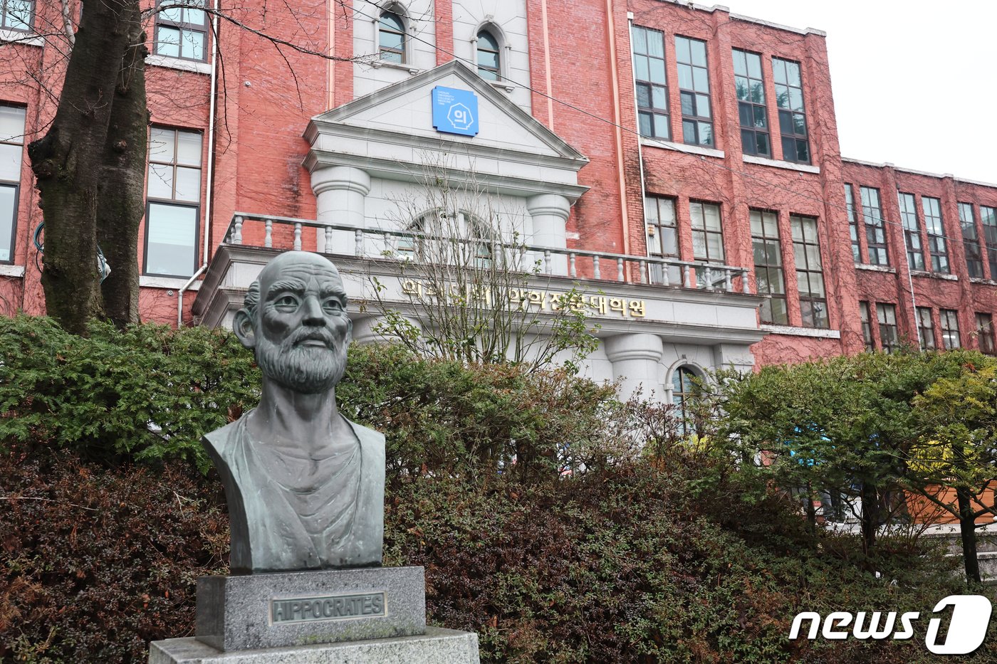 정부의 의대 정원 확대에 반발하는 전공의들의 사직 행렬이 잇따른 가운데 20일 광주 동구 조선대 의과대학 앞 히포크라테스 동상이 서 있다. 2024.2.20/뉴스1 ⓒ News1 김태성 기자