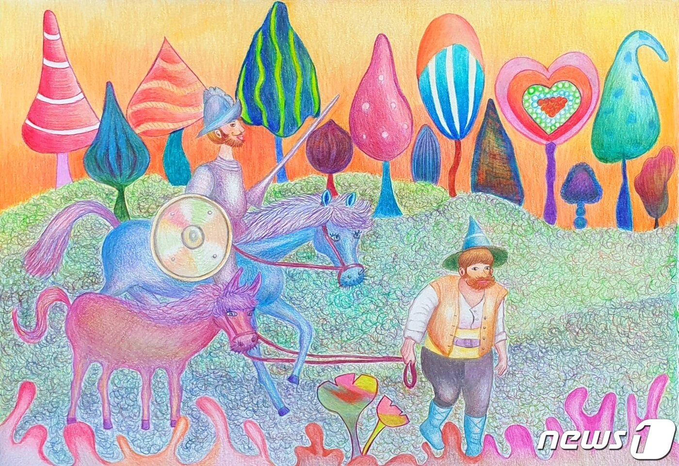 본문 이미지 -  이지윤 작가 '돈키호테와 로시난테(부분), 종이에 색연필 2022(한국마사회 제공).