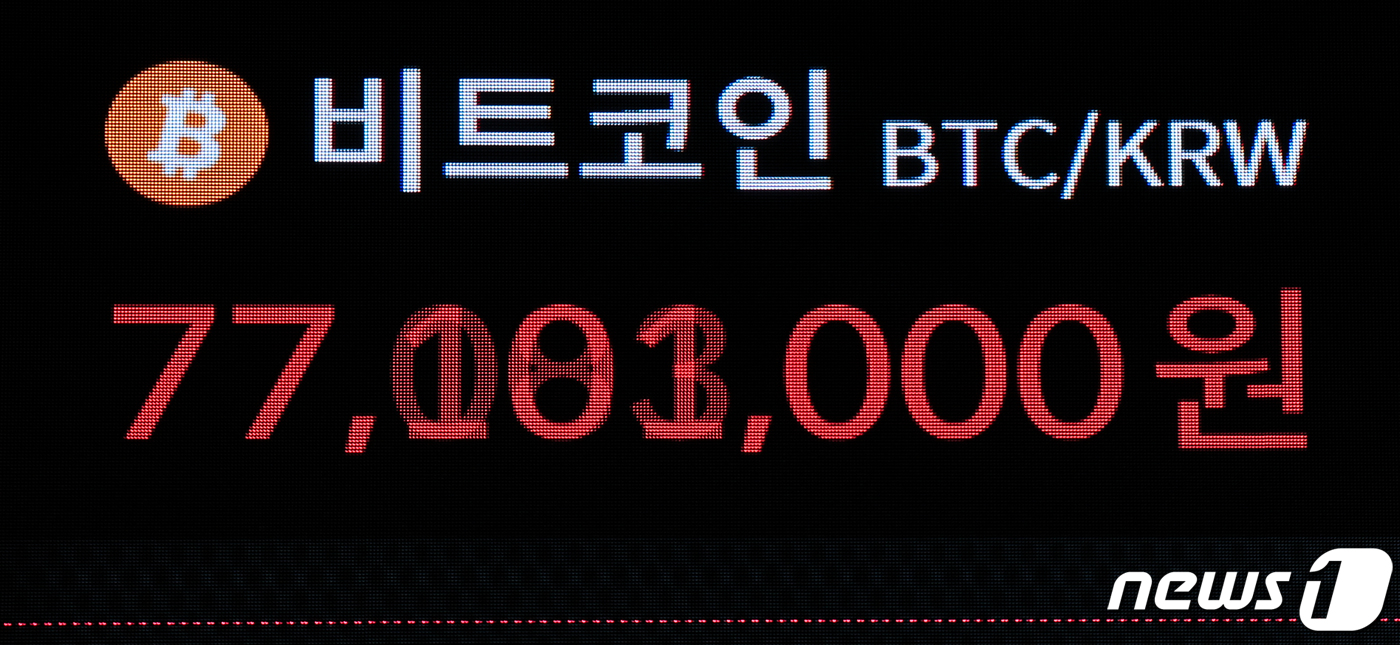 (서울=뉴스1) 김도우 기자 = 비트코인 가격이 2년여 만에 최고치에 오른 27일 서울 서초구 빗썸 고객센터 현황판에 비트코인 시세가 나오고 있다. 2024.2.27/뉴스1