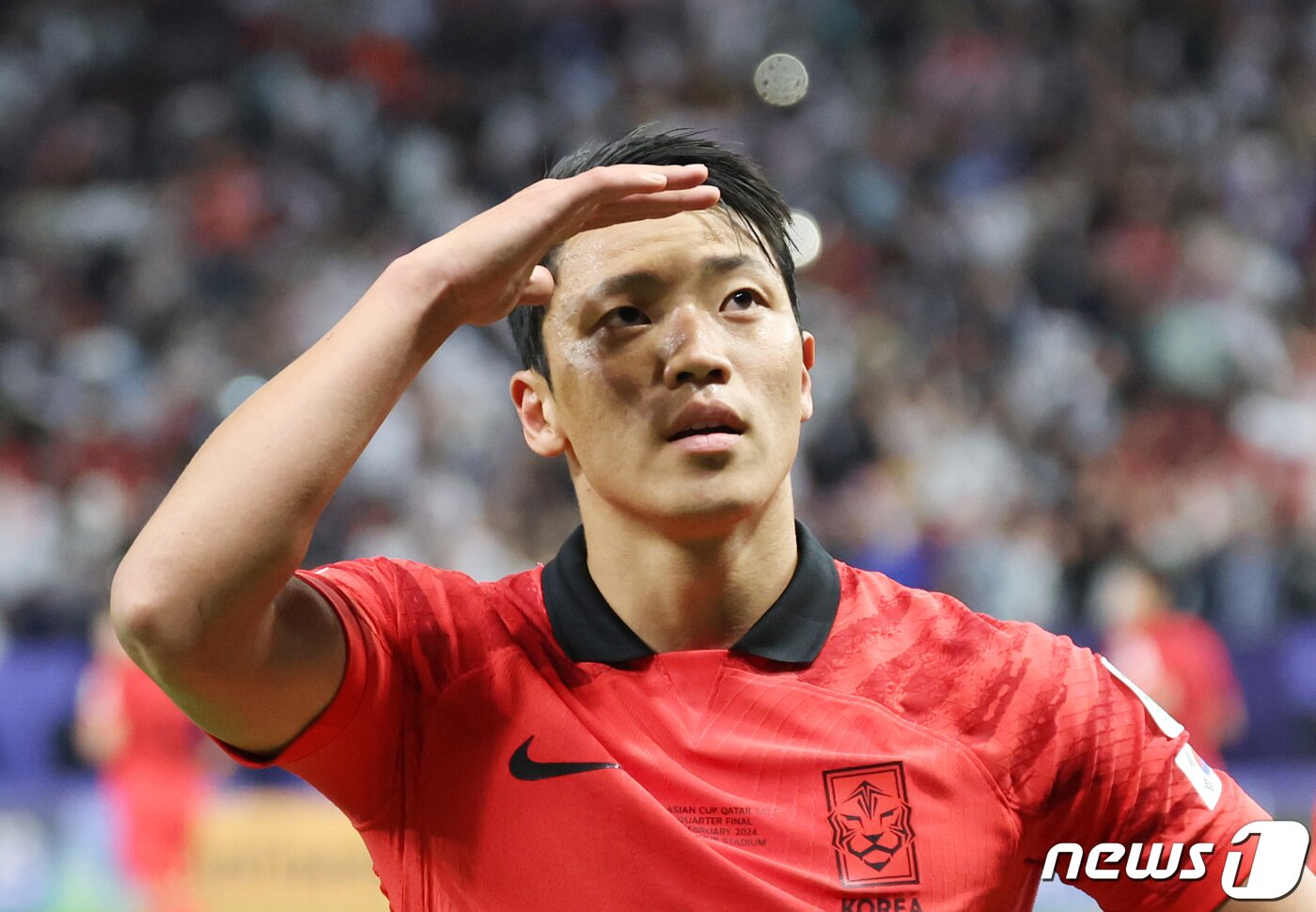 본문 이미지 - 대한민국 황희찬이 2일(현지시간) 카타르 알와크라 알자누브 스타디움에서 열린 2023 아시아축구연맹(AFC) 카타르 아시안컵 8강전 호주와 대한민국의 경기에서 페널티킥으로 동점을 만든 후 세리머니를 하고 있다. 2024.2.3/뉴스1 ⓒ News1 김성진 기자