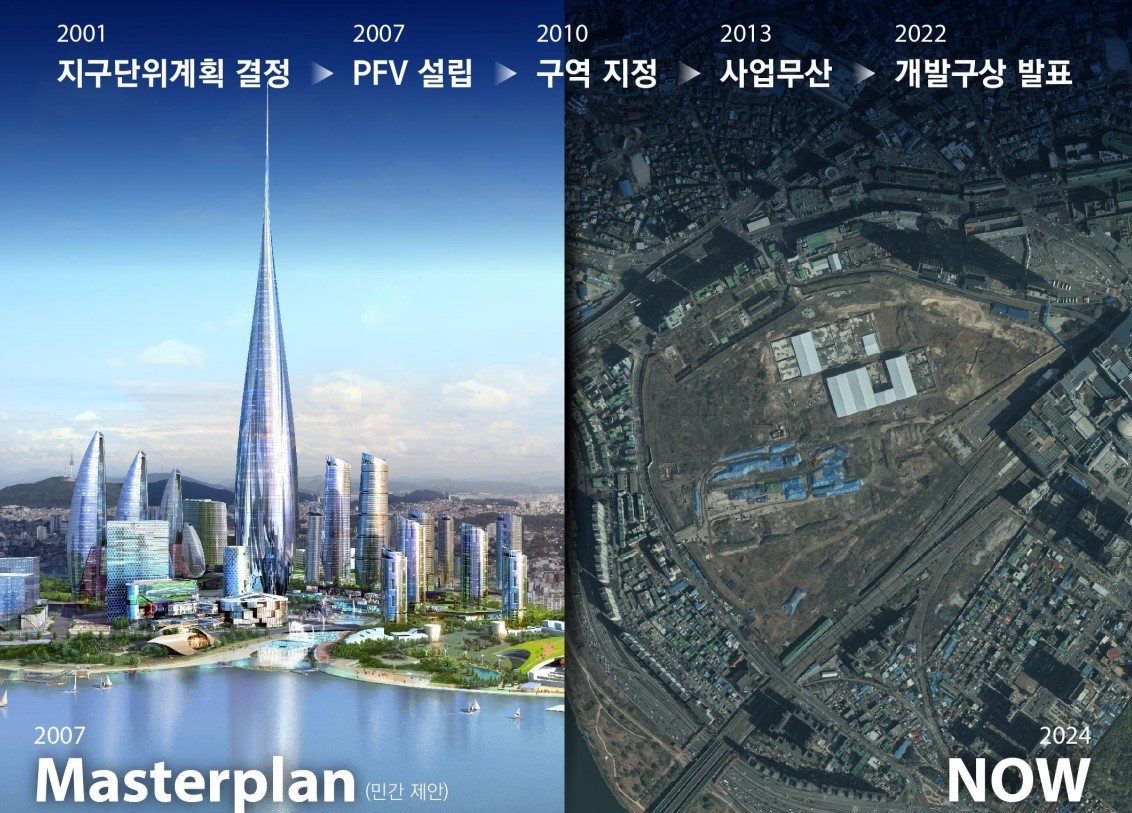 본문 이미지 - 2007년 발표된 용산국제업무지구 물방울 모양 조감도(서울시 제공).