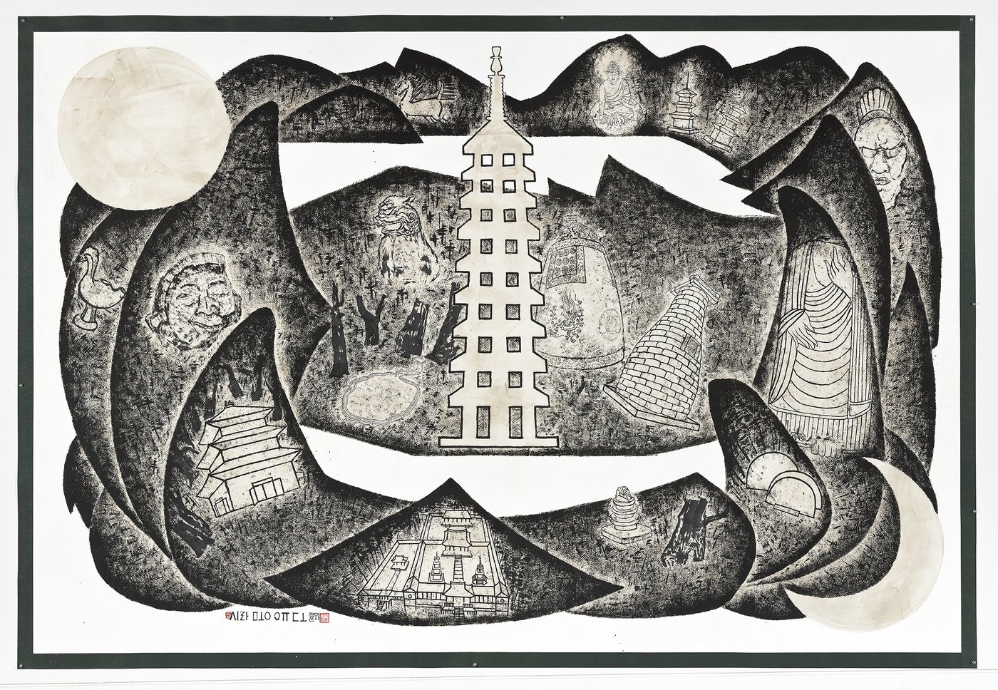 본문 이미지 - 박대성, 신라몽유도, 2022, Ink on paper, 197.4 x 295.3cm, 77.7 x 116.3in. 가나아트 제공.