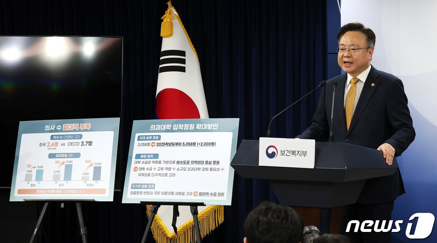 본문 이미지 - 조규홍 보건복지부 장관이 6일 서울 종로구 정부서울청사에서 의과대학 입학정원 확대 방안에 대해 발표하고 있다. 2024.2.6/뉴스1 ⓒ News1 박지혜 기자