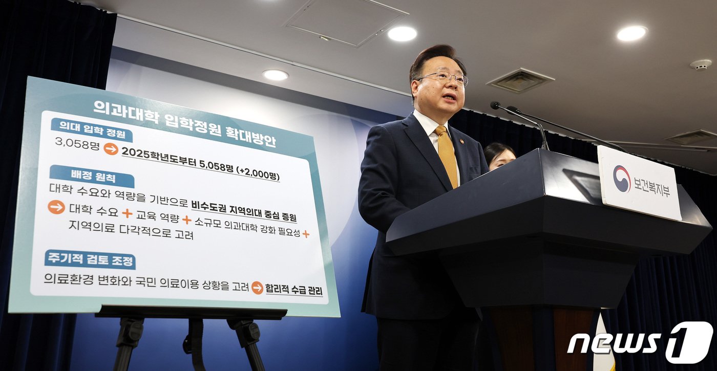 본문 이미지 - 조규홍 보건복지부 장관이 6일 서울 종로구 정부서울청사에서 의과대학 입학정원 확대 방안에 대해 발표하고 있다. 2024.2.6/뉴스1 ⓒ News1 박지혜 기자