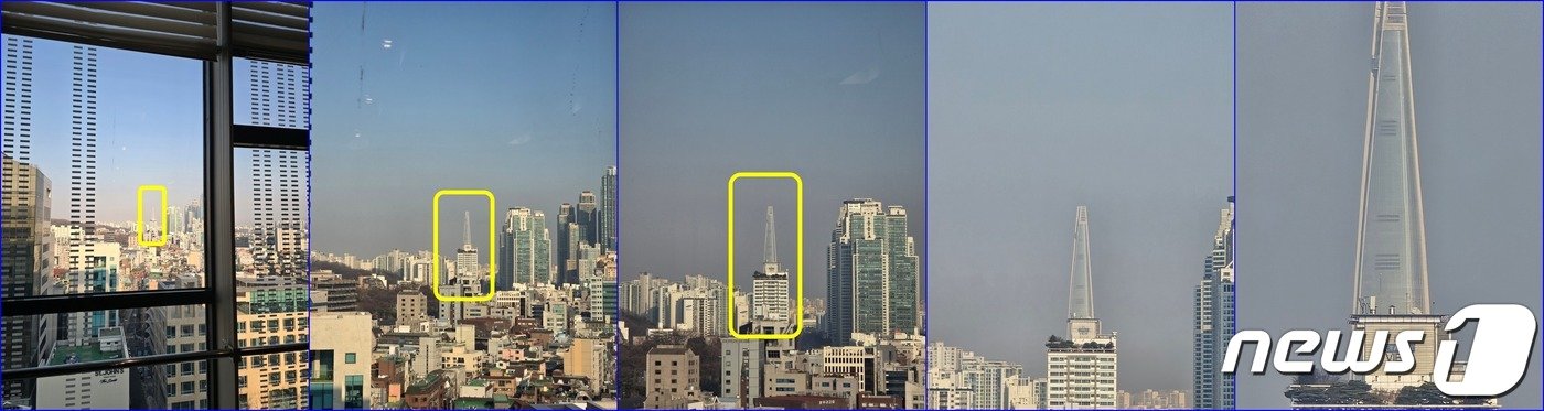 본문 이미지 - 서울 서초구 엘타워에서 송파구 롯데월드타워를 갤럭시S24 울트라로 촬영한 것. 왼쪽부터 1배, 3배, 5배, 10배, 30배 줌 촬영. (노란 사각형은 롯데월드타워 강조) 2024.02.09 /뉴스1