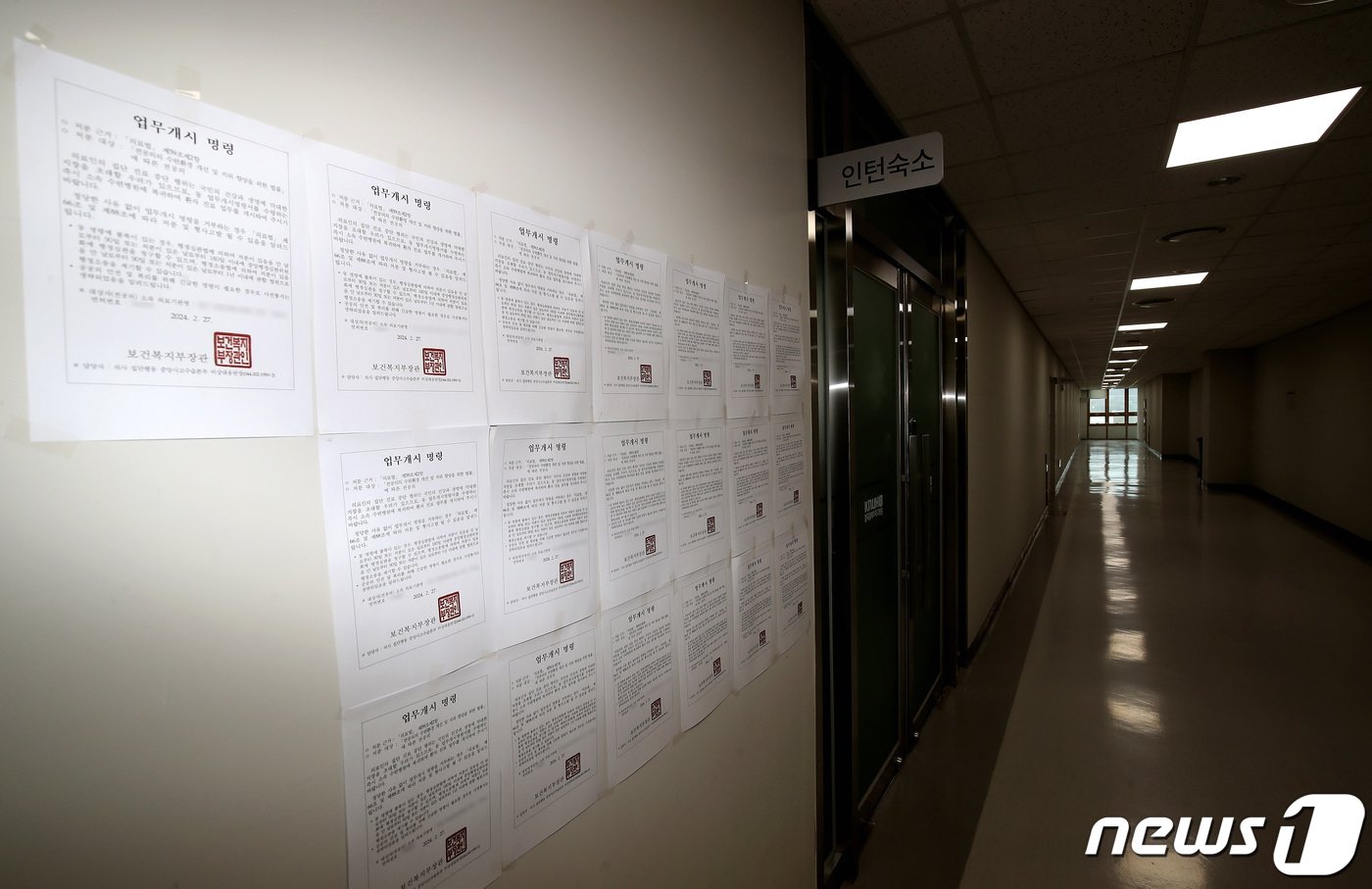 본문 이미지 - 의대정원 증원에 반대하는 전공의들의 집단행동이 이어지고 있는 12일 대구의 한 대학병원 인턴숙소 앞 복도에 보건복지부의 업무개시 명령서가 붙어 있다. 2024.3.12/뉴스1 ⓒ News1 공정식 기자