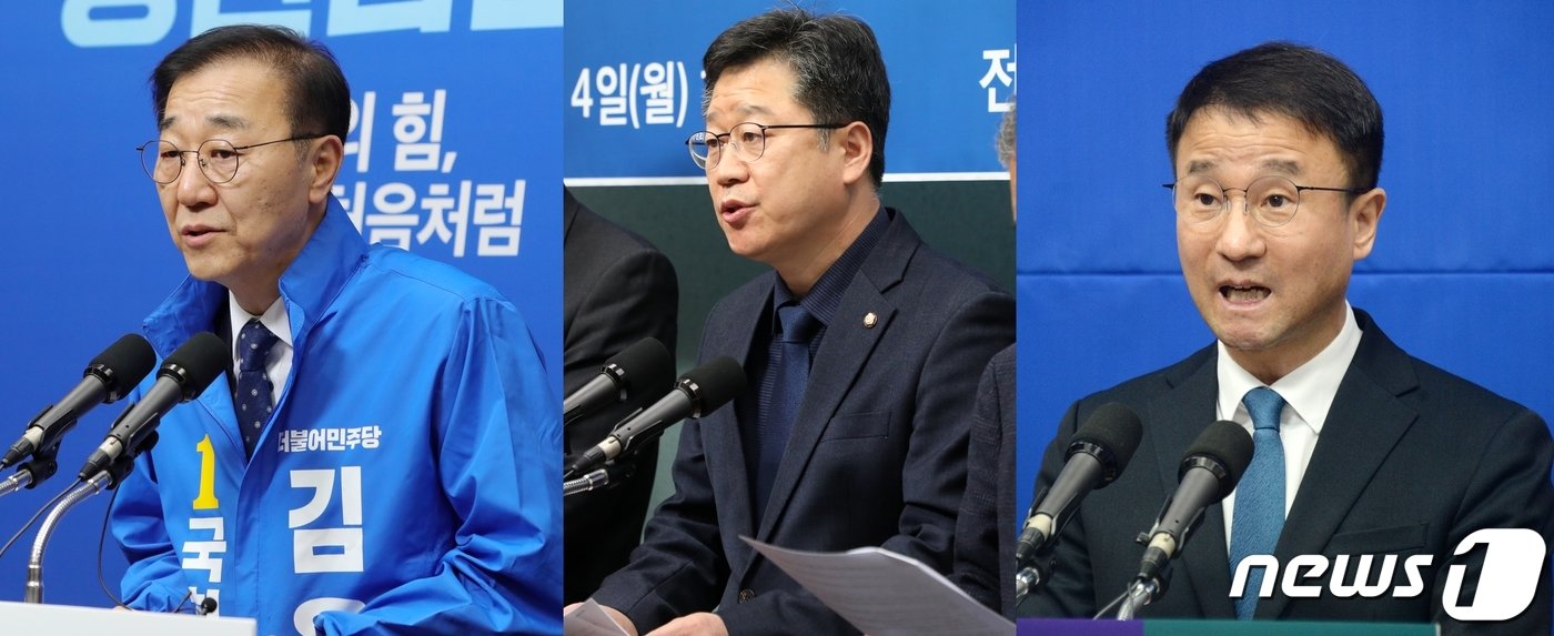 본문 이미지 - 22대 총선에서 당선되면 3선 중진이 되는 김윤덕(왼쪽 첫번째). 안호영(가운데), 한병도 의원(익산을).2024.3.17/뉴스1