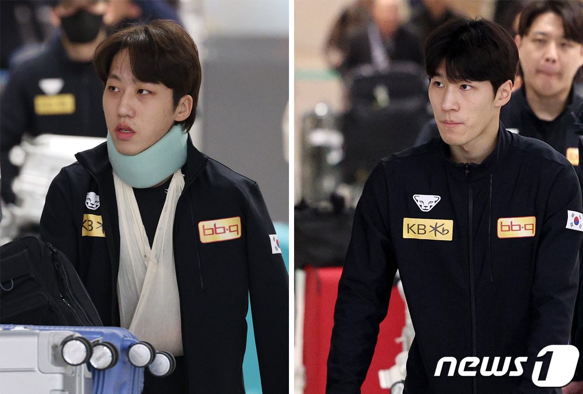 본문 이미지 - 대한민국 쇼트트랙 대표팀 박지원(왼쪽)과 황대헌이 19일 오후 인천국제공항 제2터미널을 통해 귀국하고 있다. 2024.3.19/뉴스1 ⓒ News1 장수영 기자