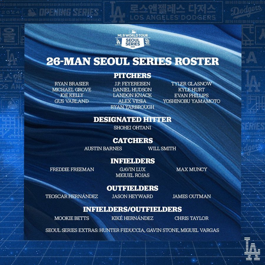 본문 이미지 - LA 다저스가 20일 MLB 서울시리즈 26인 엔트리를 발표했다. (LA 다저스 SNS 캡처)