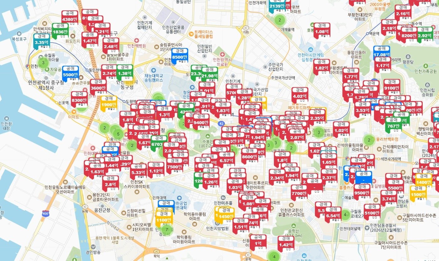 본문 이미지 - 사진은 현재 인천 미추홀구 지역 내 진행 중인 경·공매 물건.(경매지도 제공)