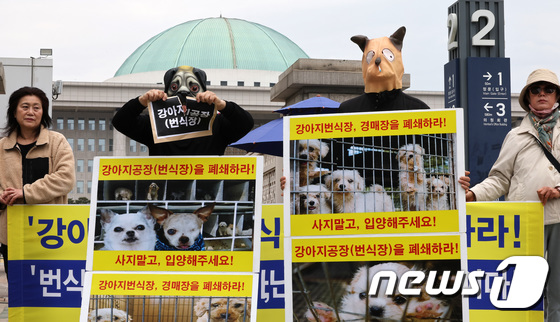 국회 앞에 선 동물보호단체 회원들