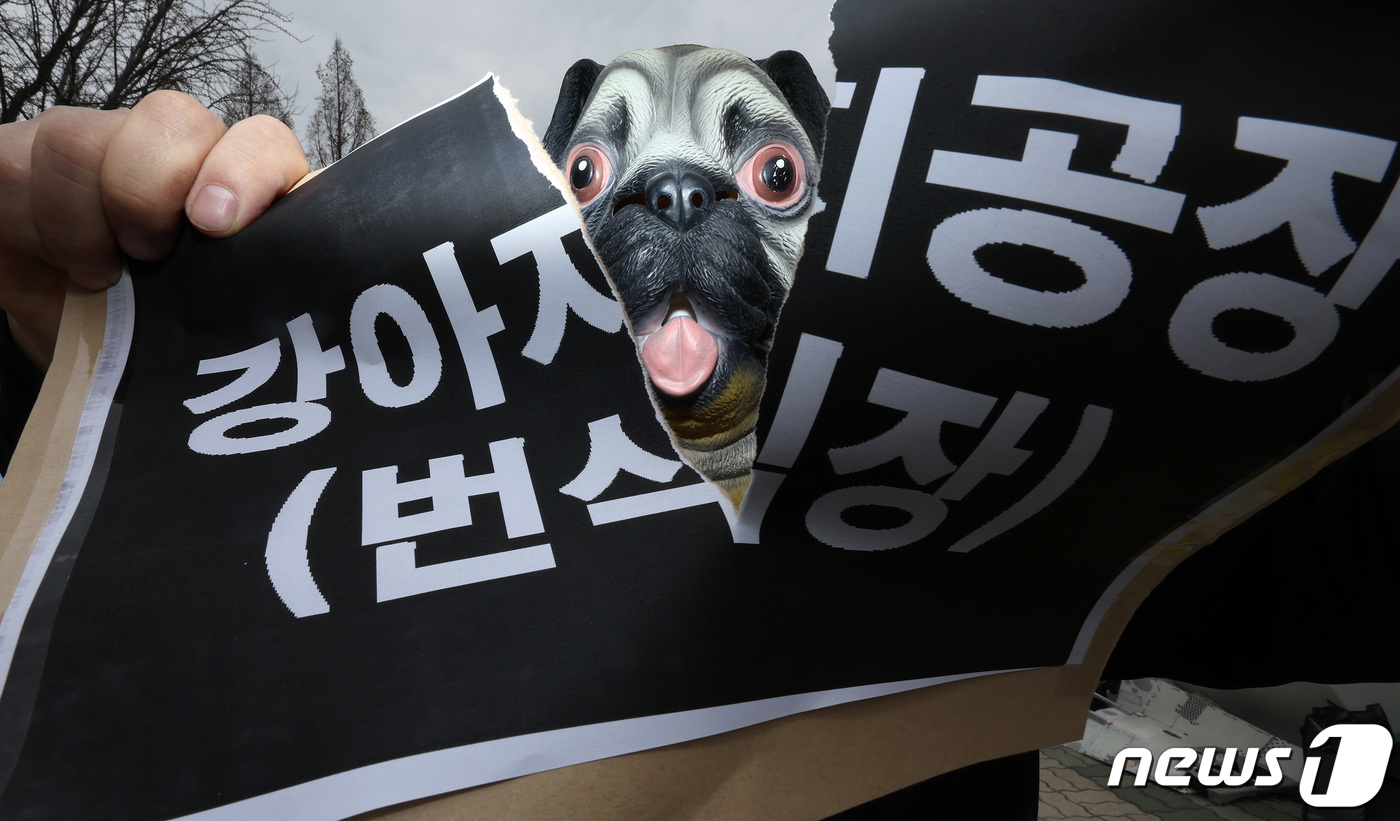 (서울=뉴스1) 이동해 기자 = 국제 강아지의 날을 하루 앞둔 22일 한국동물보호연합 활동가들이 서울 여의도 국회 앞에서 기자회견을 열고 강아지 공장 폐지를 촉구하며 퍼포먼스를 하 …