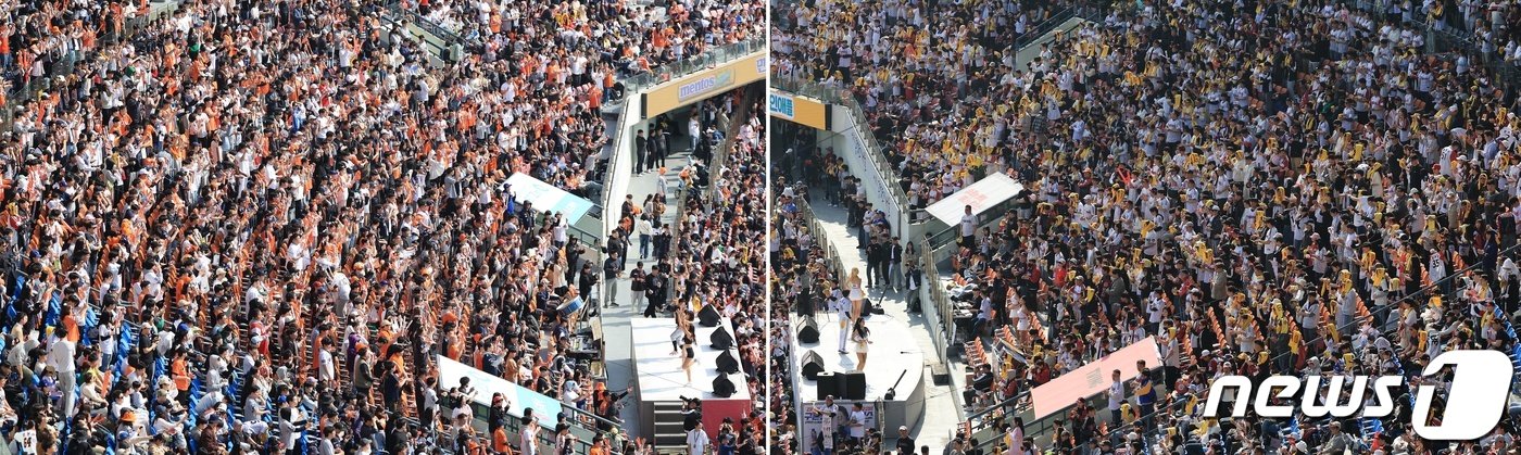 본문 이미지 - 23일 서울 송파구 잠실야구장에서 열린 '2024 신한 SOL 뱅크 KBO리그' 공식 개막전 한화 이글스와 LG 트윈스의 경기, 3루 한화 이글스 응원석과 1루 LG 트윈스 응원석(사진 오른쪽)에서 열정적인 응원이 펼쳐지고 있다. 2024.3.23/뉴스1 ⓒ News1 김진환 기자