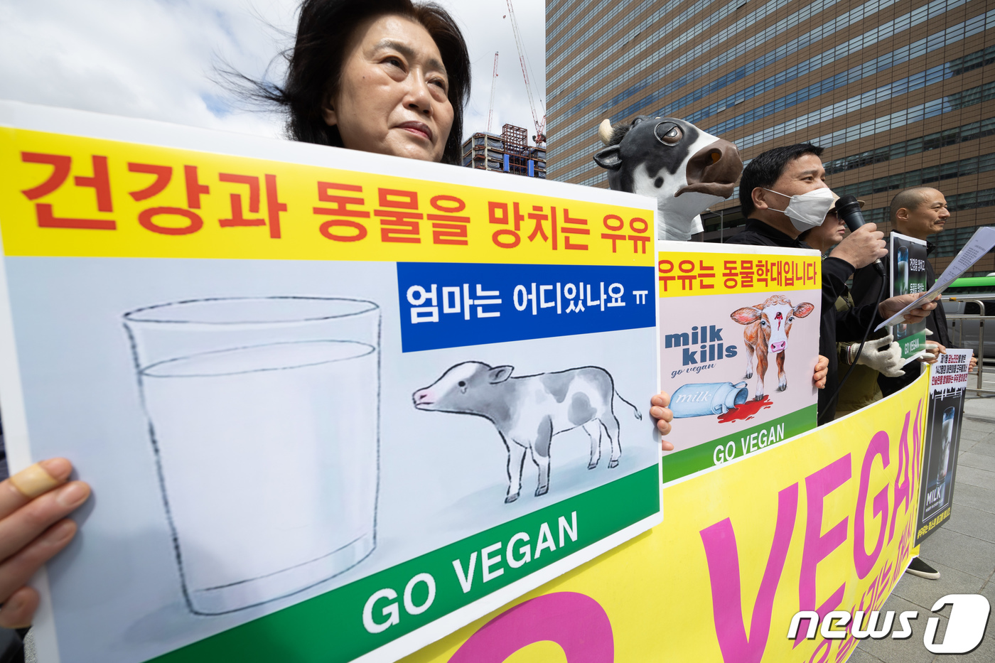 (서울=뉴스1) 이재명 기자 = 한국채식연합 회원들이 26일 오후 서울 세종대로 광화문광장에서 열린 '건강을 망치고, 동물을 망치는 우유' 기자회견에서 발언을 하고 있다. 2024 …
