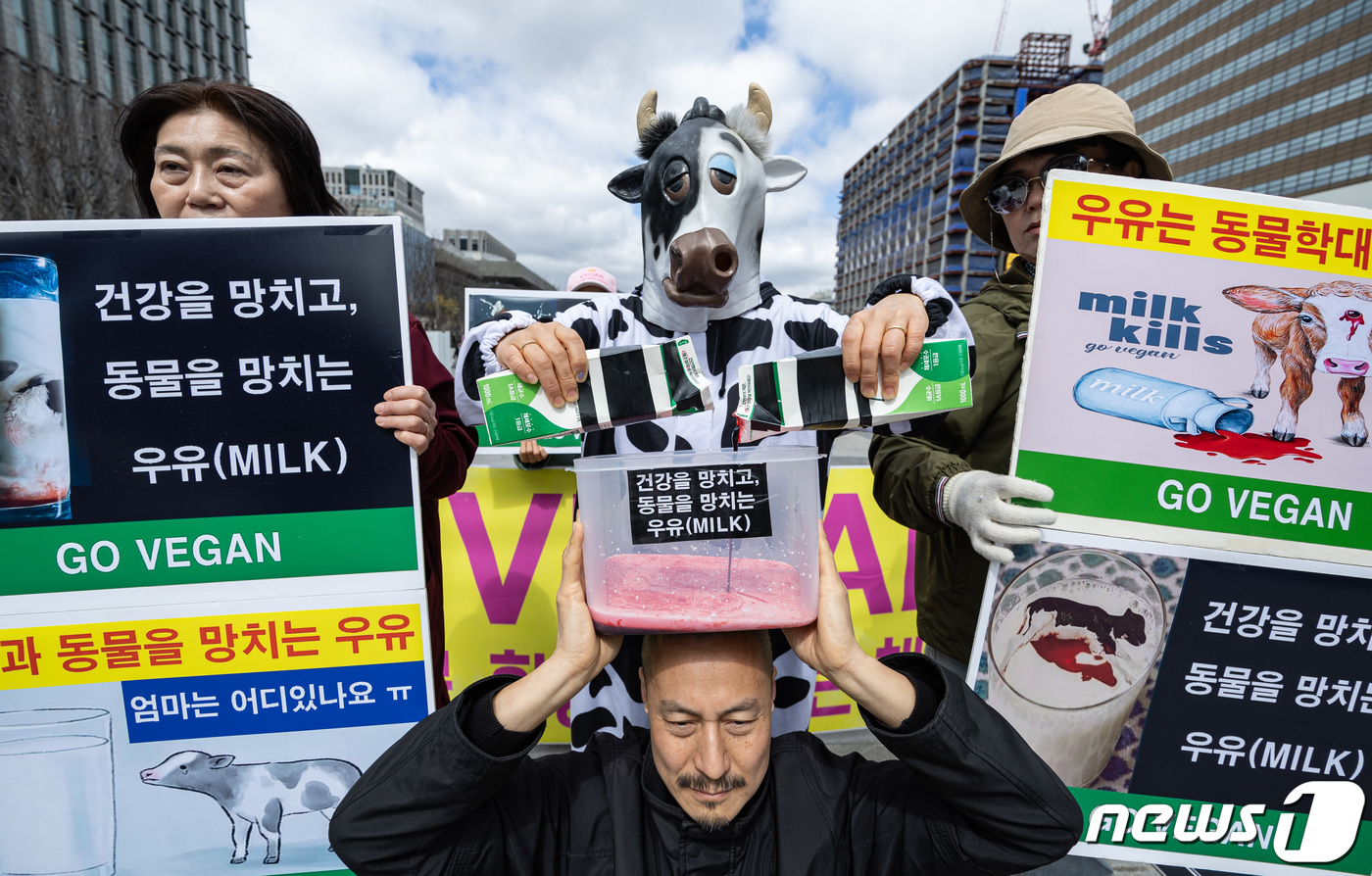 (서울=뉴스1) 이재명 기자 = 한국채식연합 회원들이 26일 오후 서울 세종대로 광화문광장에서 열린 '건강을 망치고, 동물을 망치는 우유' 기자회견에서 퍼포먼스를 하고 있다. 20 …