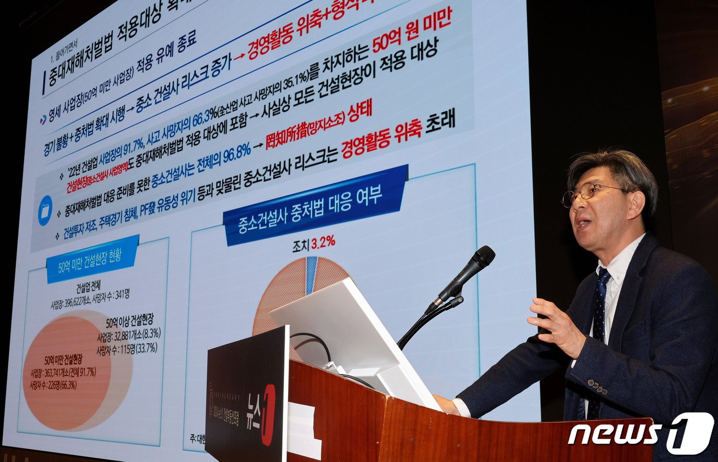 본문 이미지 - 홍성호 대한건설정책연구원 선임연구위원이 26일 서울 여의도 한국거래소 컨퍼런스홀에서 열린 2024 뉴스1 건설부동산포럼에서 '중대재해법에 묶인 건설업계, 문제와 해법은?'을 주제로 발표하고 있다. 10주년을 맞은 이번 건설부동산 포럼은 신도시·메가시티·GTX 속도내는 도시혁신을 주제로 개최됐다. 2024.3.26/뉴스1 ⓒ News1 장수영 기자