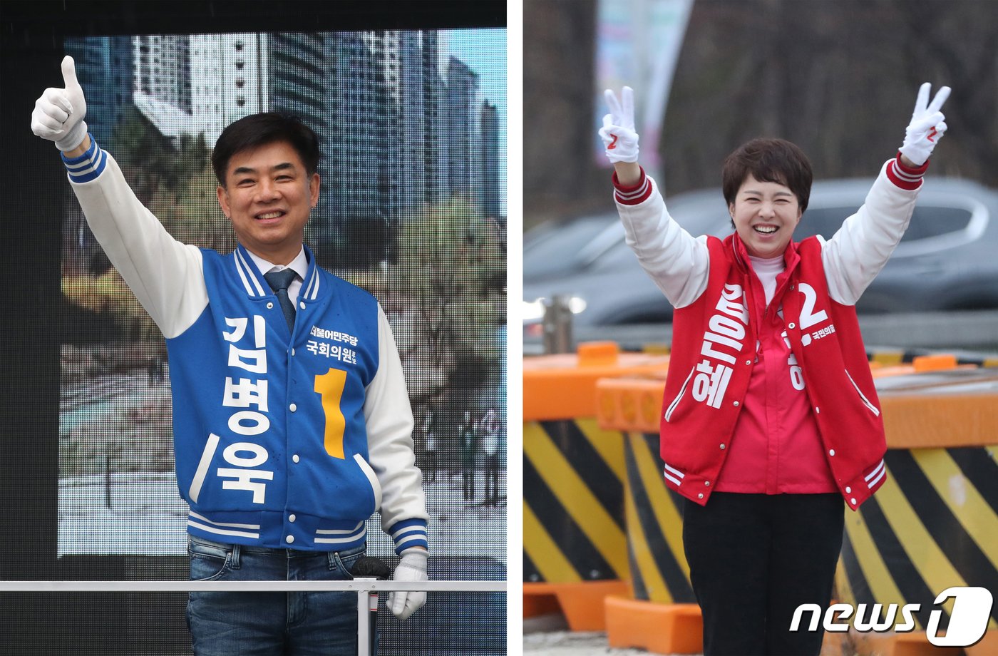 본문 이미지 - 제22대 국회의원 선거 경기 성남 분당을에 출마한 김병욱 더불어민주당 후보(왼쪽부터)와 김은혜 국민의힘 후보가 공식 선거운동이 시작된 3월28일 오전 경기 성남시 분당구 일대에서 출근길 시민들에게 인사를 하고 있다. 2024.3.28/뉴스1 ⓒ News1 김영운 기자