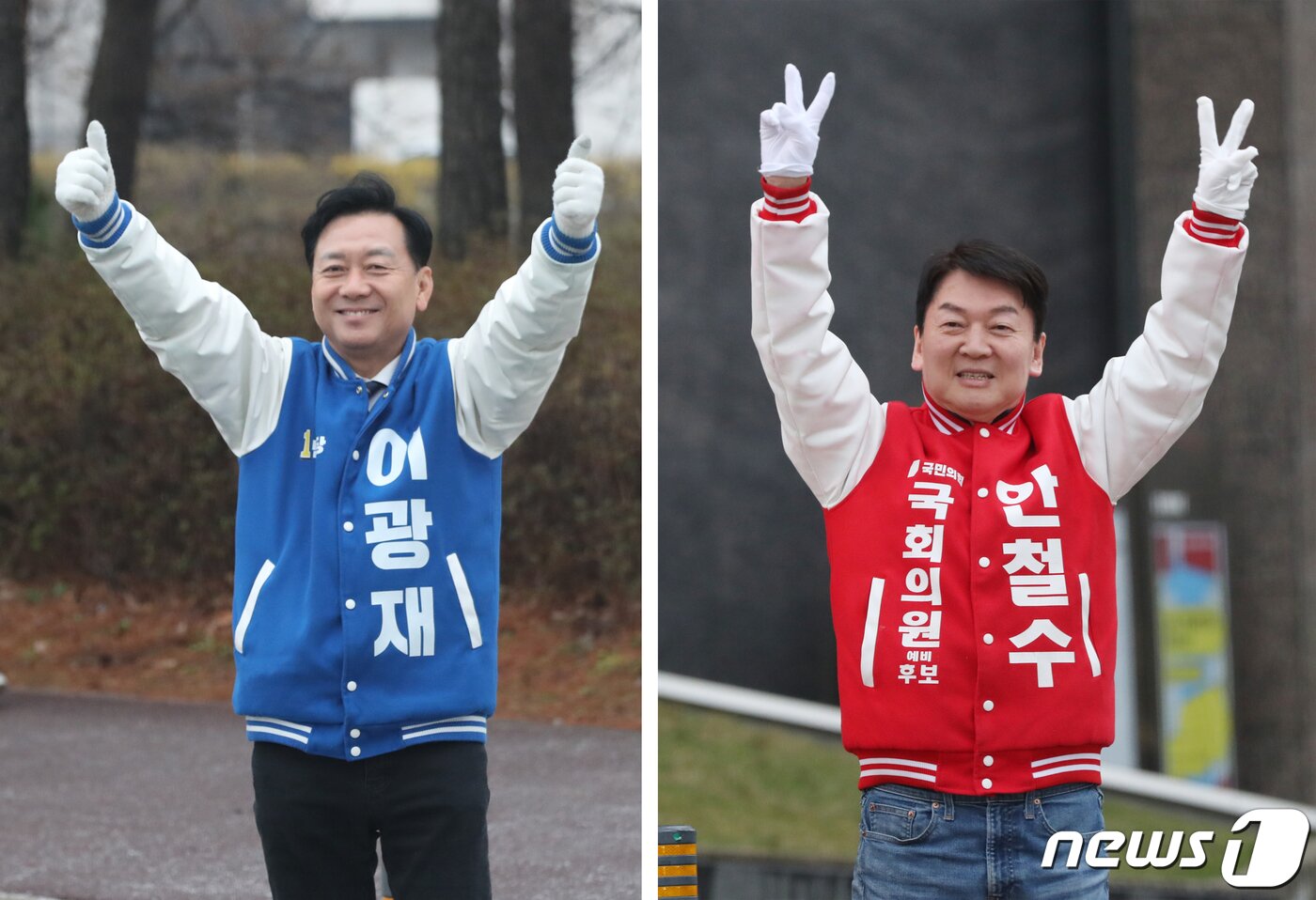 본문 이미지 - 제22대 국회의원 선거 경기 성남 분당갑에 출마한 이광재 더불어민주당 후보(왼쪽부터)와 안철수 국민의힘 후보가 공식 선거운동이 시작된 지난 28일 오전 경기 성남시 분당구 일대에서 출근길 시민들에게 인사를 하고 있다. 2024.3.28/뉴스1 ⓒ News1 김영운 기자