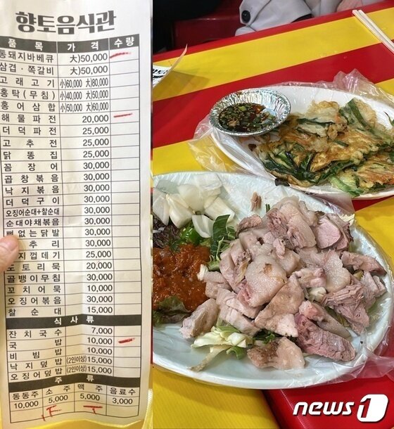 본문 이미지 - 지난해  3월 한 블로거가 공개한 진해 군항제 음식점의 메뉴판과 음식들. &#40;온라인 커뮤니티 갈무리&#41;