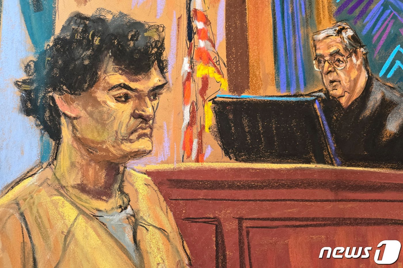 본문 이미지 - 미국 대형 가상화폐 거래소 FTX의 창업자 샘 뱅크먼-프리드가 뉴욕 남부연방법원에서 고객 자금 수십억 달러를 빼돌린 혐의로 징역 25년을 선고받았다. 사진은 이날 법정 스케치. 2024.03.28/ ⓒ 로이터=뉴스1 ⓒ News1 박재하 기자