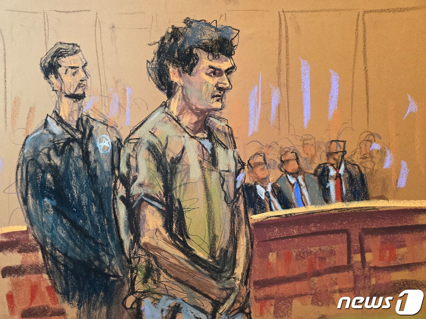 본문 이미지 - 미국 대형 가상화폐 거래소 FTX의 창업자 샘 뱅크먼-프리드가 뉴욕 남부연방법원에서 고객 자금 수십억 달러를 빼돌린 혐의로 징역 25년을 선고받았다. 사진은 이날 법정 스케치. 2024.03.28/ ⓒ 로이터=뉴스1 ⓒ News1 박재하 기자
