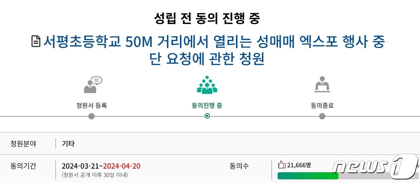 본문 이미지 -  지난 21일 국민동의청원 홈페이지에 올란 '서평초등학교 50m 거리에서 열리는 성매매 엑스포 행사 중단 요청에 관한 청원'. (국민동의청원 홈페이지 갈무리)