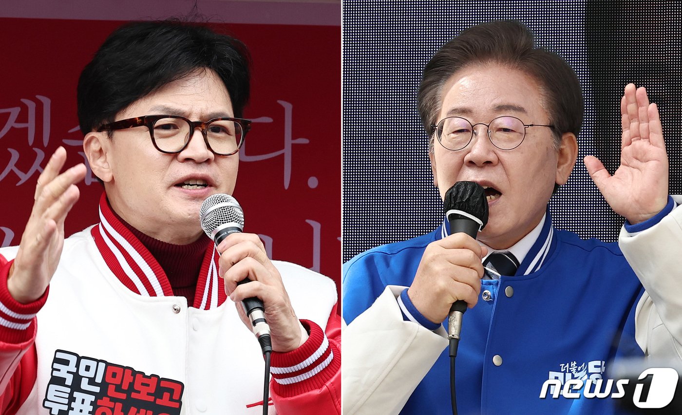 본문 이미지 - 이재명 더불어민주당 대표(오른쪽)와 한동훈 국민의힘 비상대책위원장이 30일 각각 서울과 인천에서 주말 지원유세를 하고 있다. 2024.3.30/뉴스1 ⓒ News1 구윤성 기자