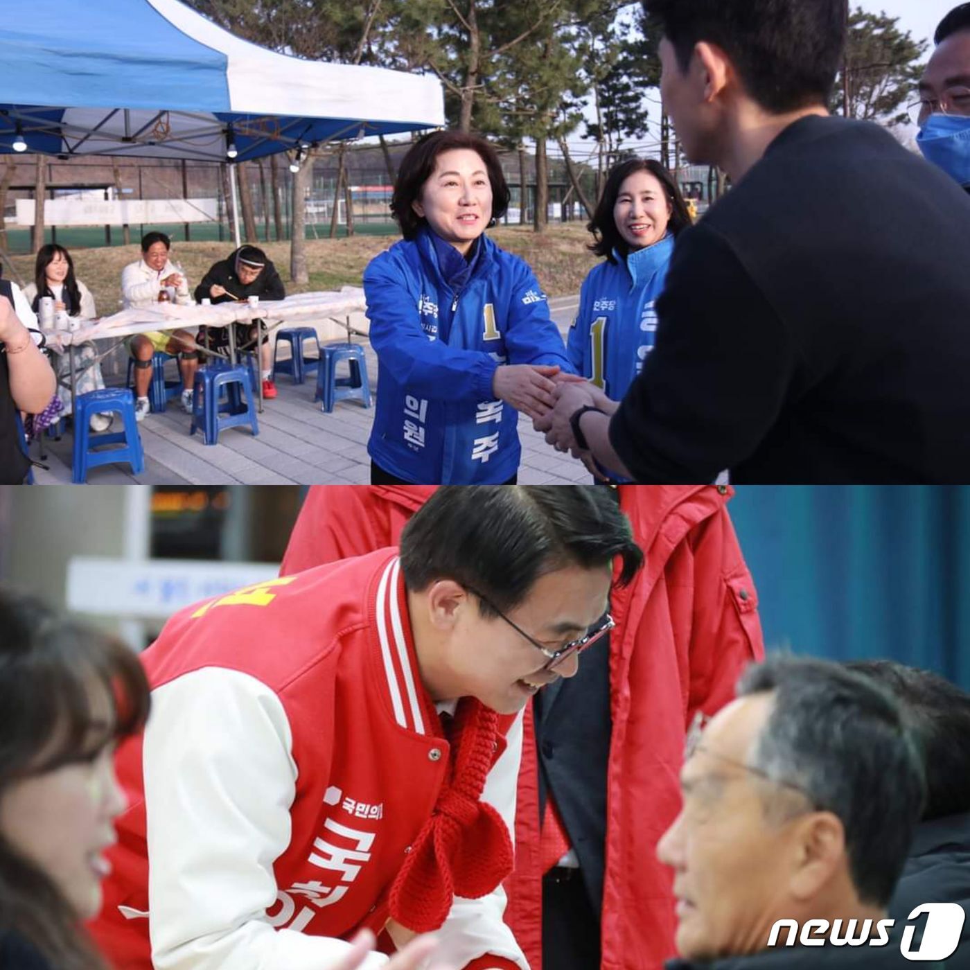 본문 이미지 -  도내 대표적인 스윙보터(부동층 유권자) 선거구 화성갑에 출마한 더불어민주당 송옥주 국회의원 후보(위)와 그의 상대 국민의힘 홍형선 후보가 최근 시민을 만나 표심을 공략하고 있다. (각 후보 캠프 제공) 