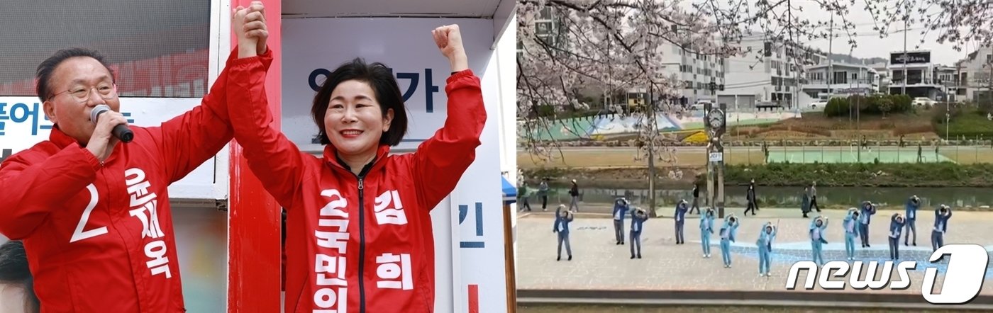 본문 이미지 - 부산 연제구 김희정 국민의힘 후보(왼쪽부터), 노정현 진보당 후보의 유세 모습 (김희정·노정현 캠프 제공)