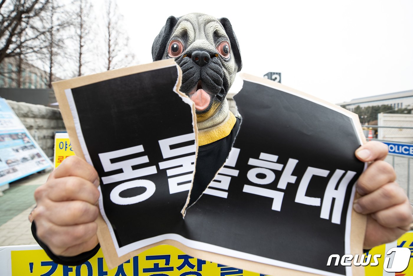 본문 이미지 - 한국동물보호연합 회원들이 5일 서울 여의도 국회 앞에서 기자회견을 열고 총선을 맞아 정당과 후보들에게 &#39;동물복지&#39; 정책을 촉구하며 퍼포먼스를 펼치고 있다. 2024.3.5/뉴스1 ⓒ News1 유승관 기자