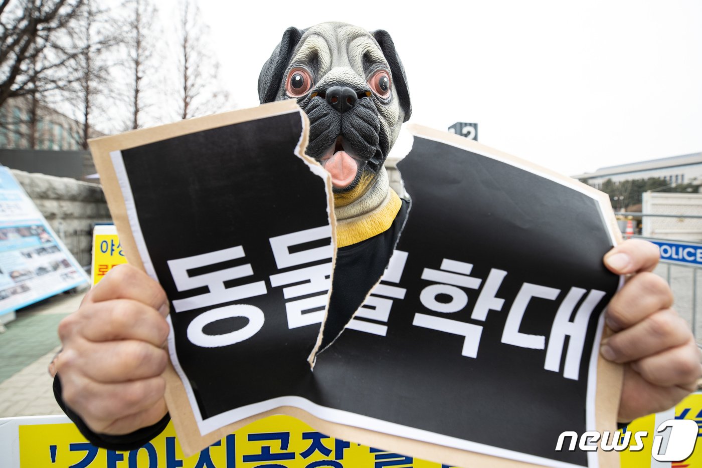 한국동물보호연합 회원들이 5일 서울 여의도 국회 앞에서 기자회견을 열고 총선을 맞아 정당과 후보들에게 &#39;동물복지&#39; 정책을 촉구하며 퍼포먼스를 펼치고 있다. 2024.3.5/뉴스1 ⓒ News1 유승관 기자